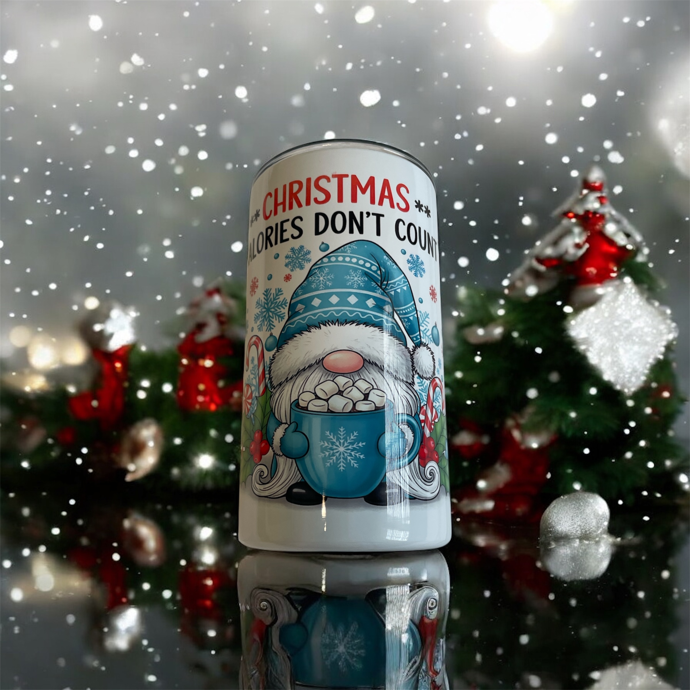 Christmas Gnome Skinny Tumbler 12oz – Stainless Steel Insulated Cup with Lid & Straw – “Christmas Calories Don’t Count” – Holiday Travel Mug for Hot & Cold Drinks – Cute Christmas Gift for Women, Men & Kids