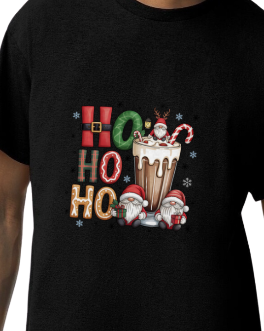 🎄 Ho Ho Ho Christmas T-Shirt – Santa Gnome & Hot Cocoa Holiday T-Shirt