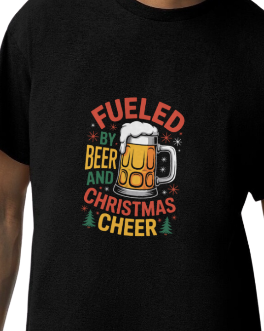 🍻 Fueled by Beer and Christmas Cheer T-Shirt – Funny Holiday Tee for Men & Women