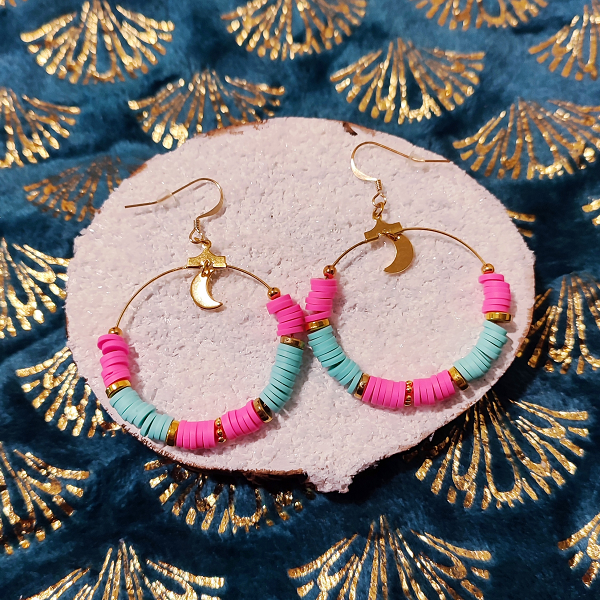 Boucles d'oreilles Aurore turquoise et rose