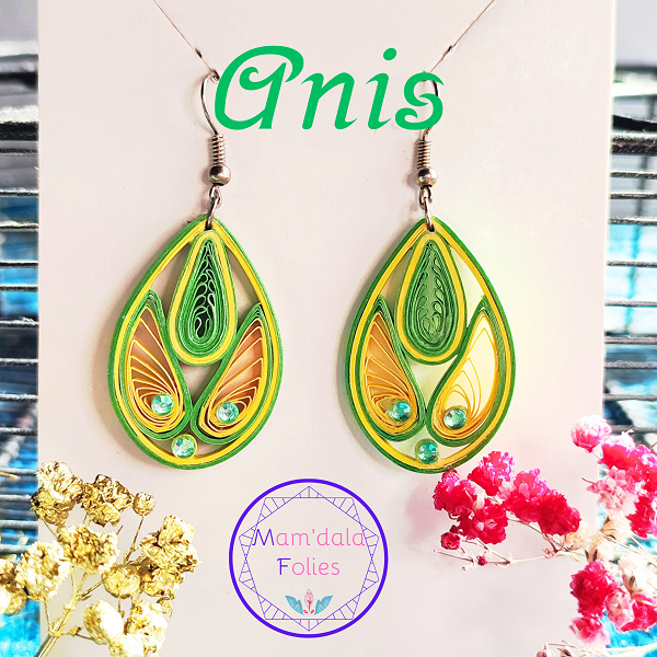 Boucles d'oreilles quilling verte et jaune 