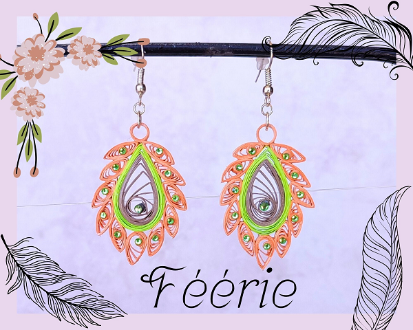 Boucles d'oreilles quilling, verte, orange et strass