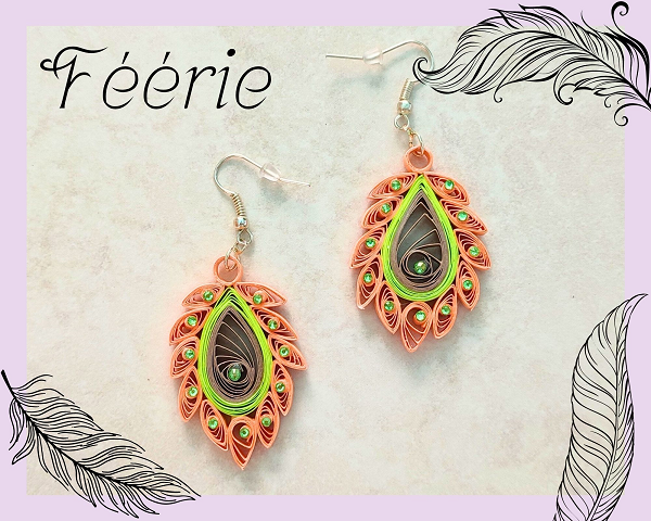 Boucles d'oreilles quilling, verte, orange et strass
