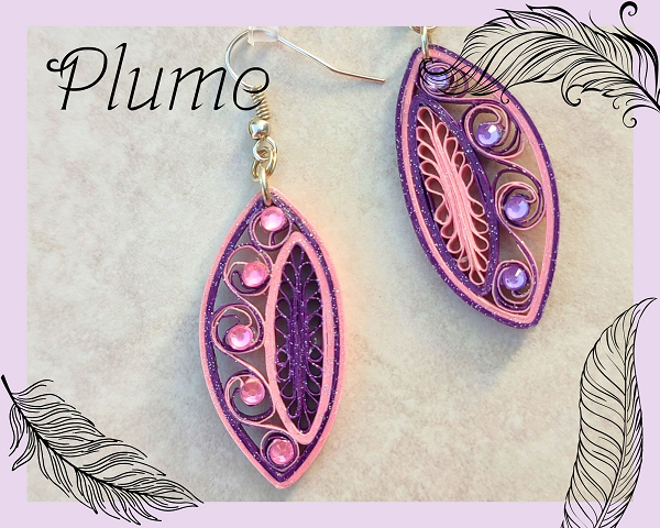Boucles d'oreilles quilling, papier rose violet et strass