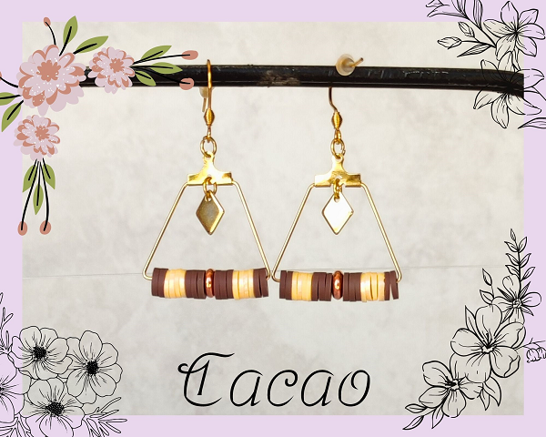 Boucles d'oreilles perles heishi marron et beige nacré