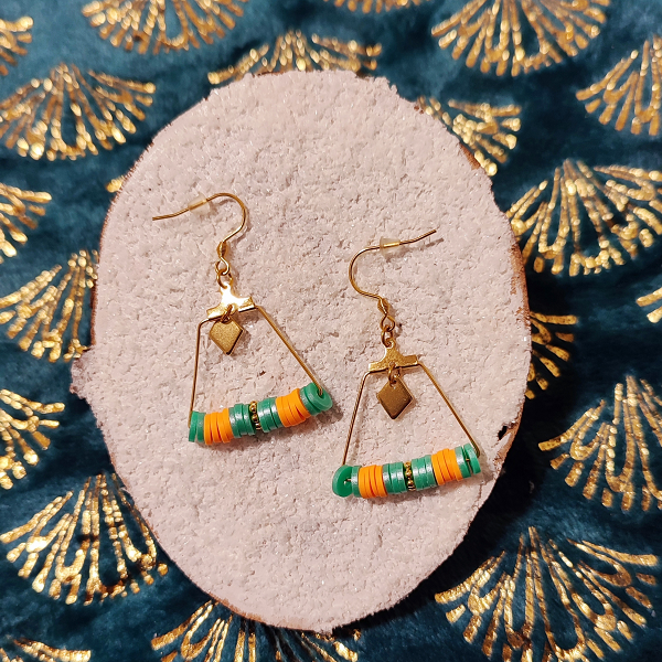 Boucles d'oreilles perles heishi turquoise nacré et orange