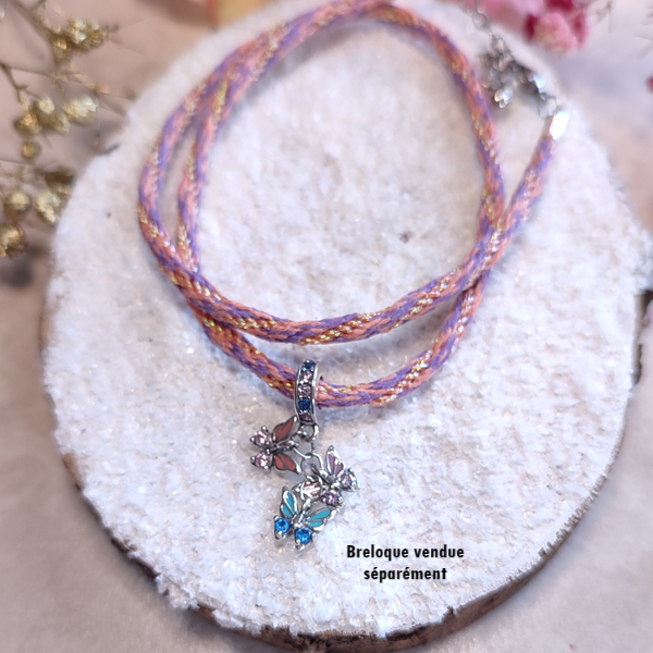 Collier en kumihimo violet, orange et doré