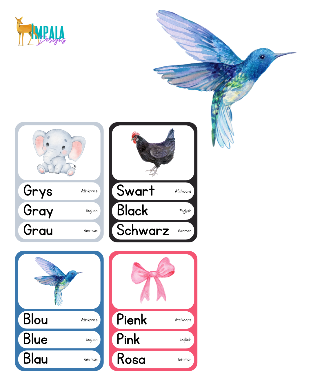 Trilingual Watercolor Colour Flashcards for Babies & Toddlers (Afrikaans | English | German)