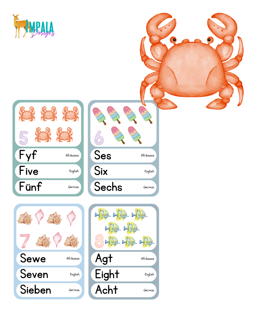 Trilingual Watercolor Number Flashcards for Babies & Toddlers (Afrikaans | English | German)