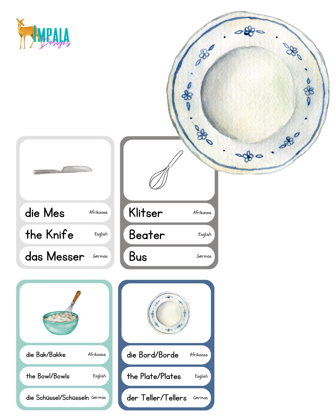 Trilingual Watercolor Kitchen Flashcards for Babies & Toddlers (Afrikaans | English | German)