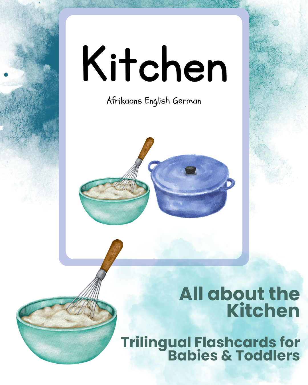 Trilingual Watercolor Kitchen Flashcards for Babies & Toddlers (Afrikaans | English | German)