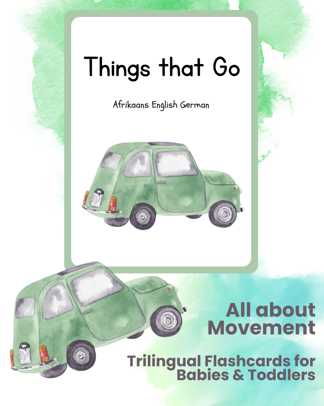 Trilingual Watercolor Transport Flashcards for Babies & Toddlers (Afrikaans | English | German)