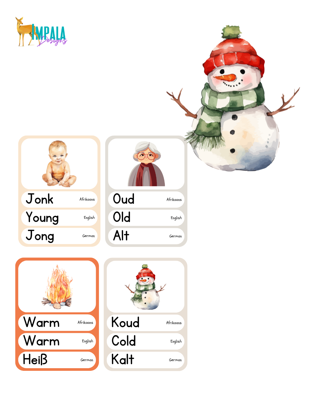 Trilingual Watercolor Opposites Flashcards for Babies & Toddlers (Afrikaans | English | German)