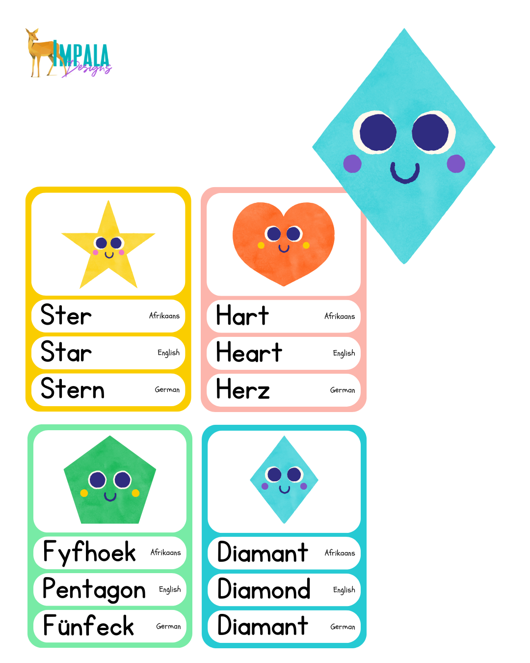 Trilingual Watercolor Shapes Flashcards for Babies & Toddlers (Afrikaans | English | German) 