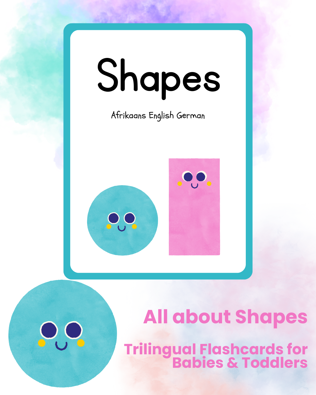 Trilingual Watercolor Shapes Flashcards for Babies & Toddlers (Afrikaans | English | German)