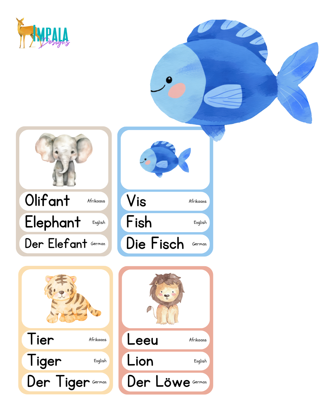 Trilingual Watercolor Animal Flashcards for Babies & Toddlers (Afrikaans | English | German) 