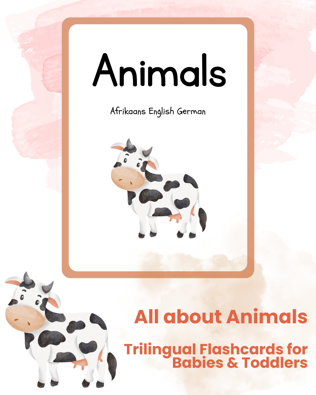 Trilingual Watercolor Animal Flashcards for Babies & Toddlers (Afrikaans | English | German)