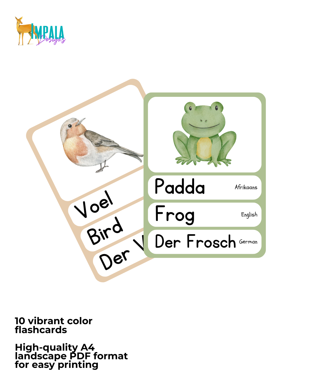 Trilingual Watercolor Animal Flashcards for Babies & Toddlers (Afrikaans | English | German) 