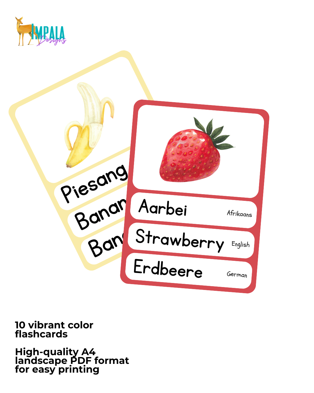 Trilingual Watercolor Food Flashcards for Babies & Toddlers (Afrikaans | English | German)