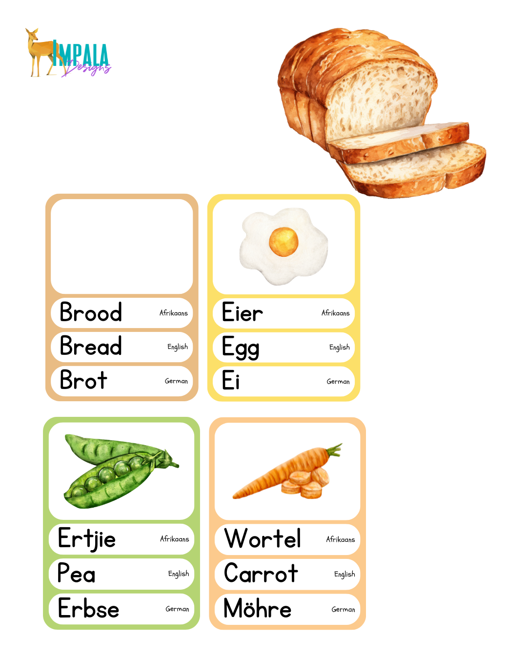 Trilingual Watercolor Food Flashcards for Babies & Toddlers (Afrikaans | English | German)