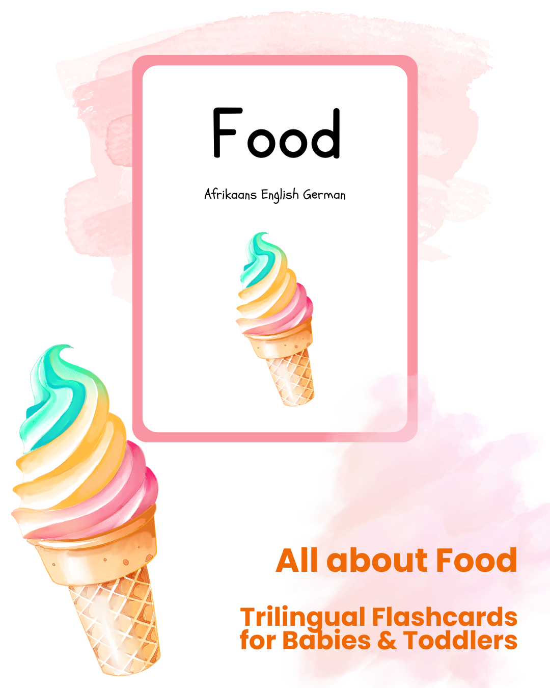 Trilingual Watercolor Food Flashcards for Babies & Toddlers (Afrikaans | English | German)