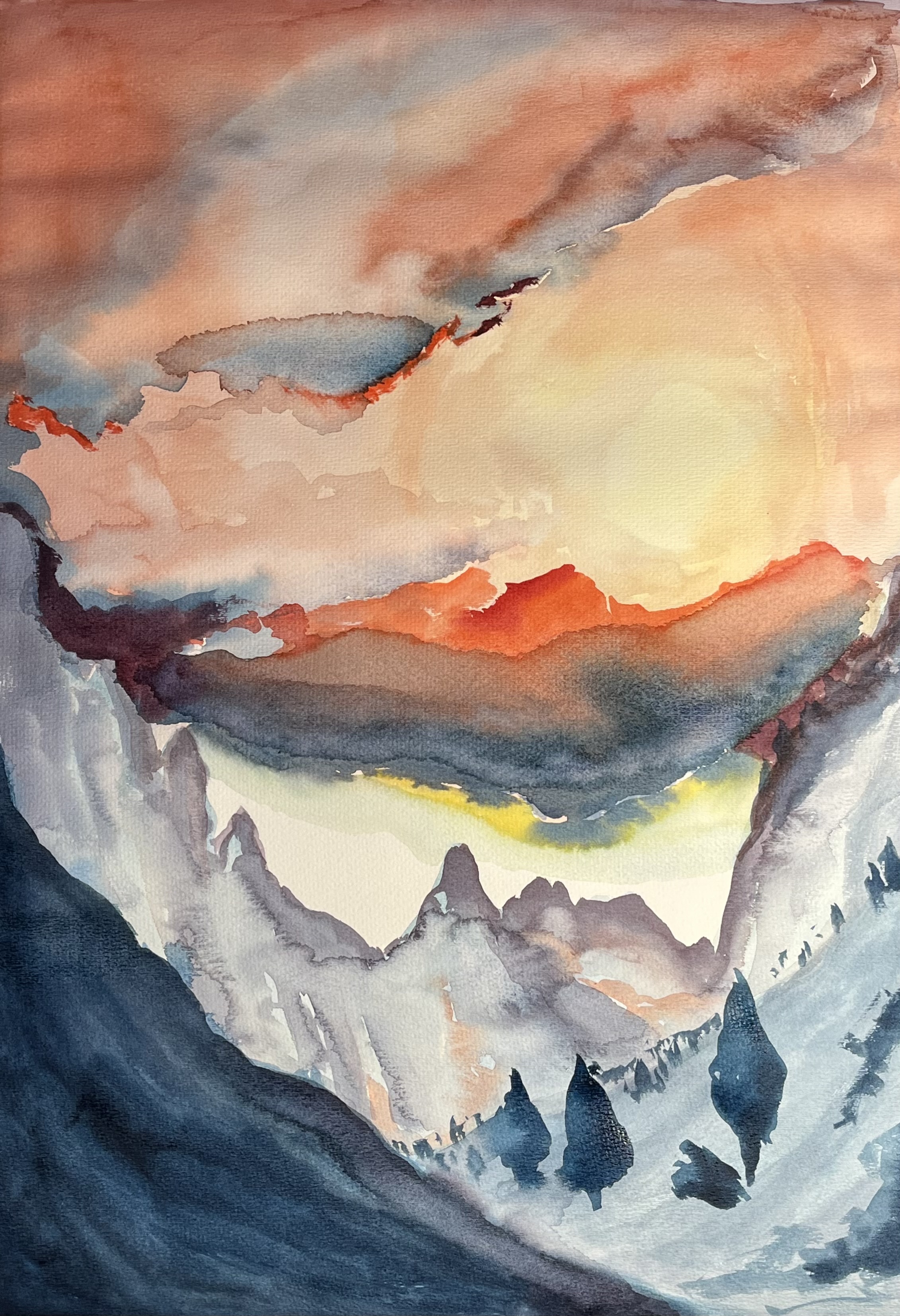 Sunset Mountain Watercolor Painting