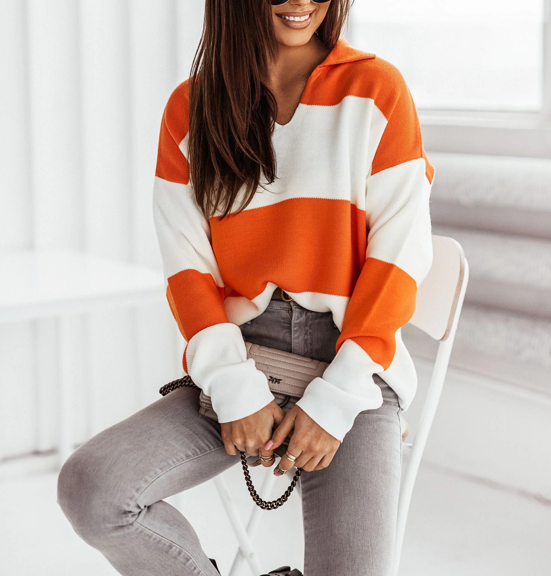 Moteriškas dryžuotas megztukas Macelle oranžinė