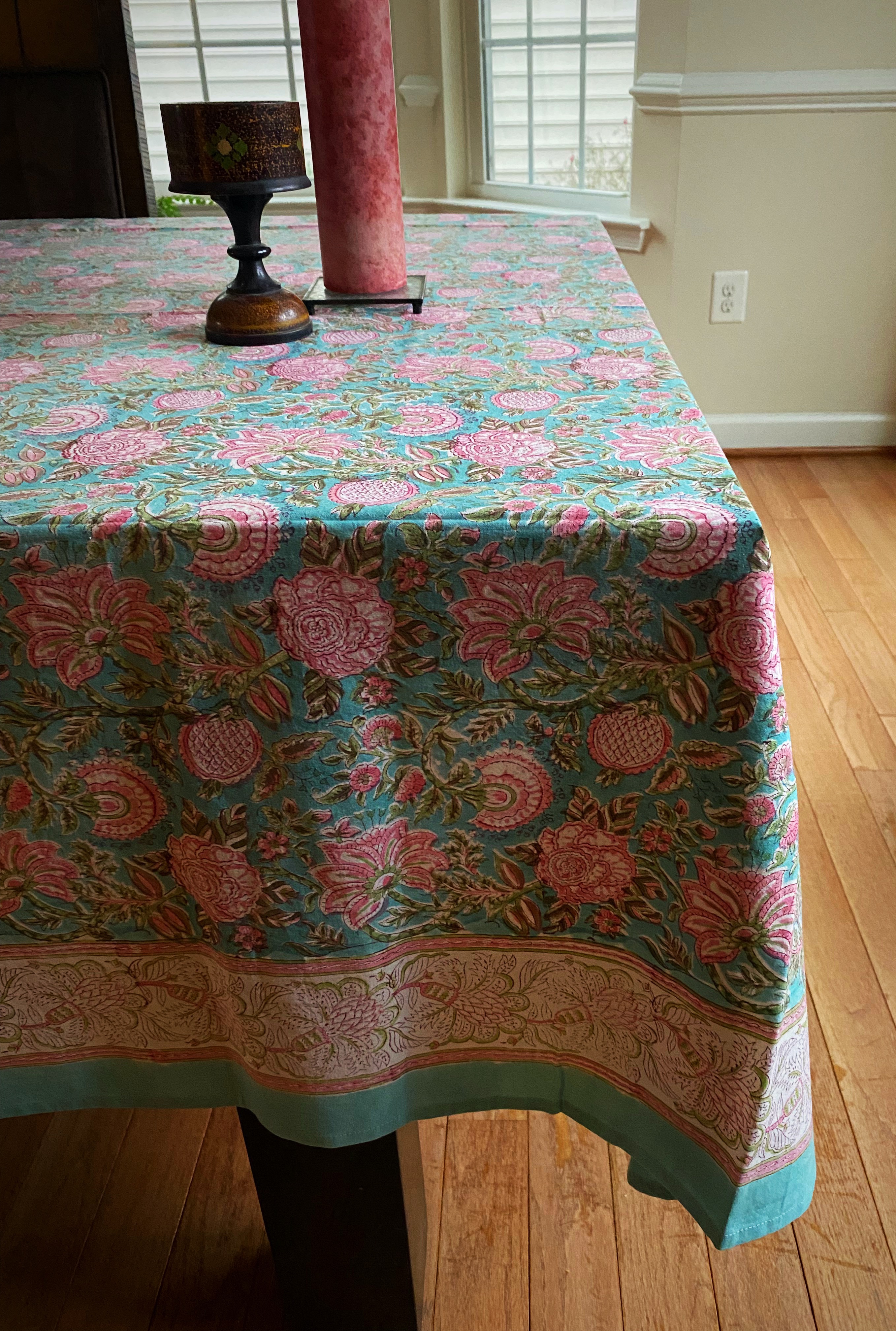 Pink & Mint Garden Block Print Tablecloth