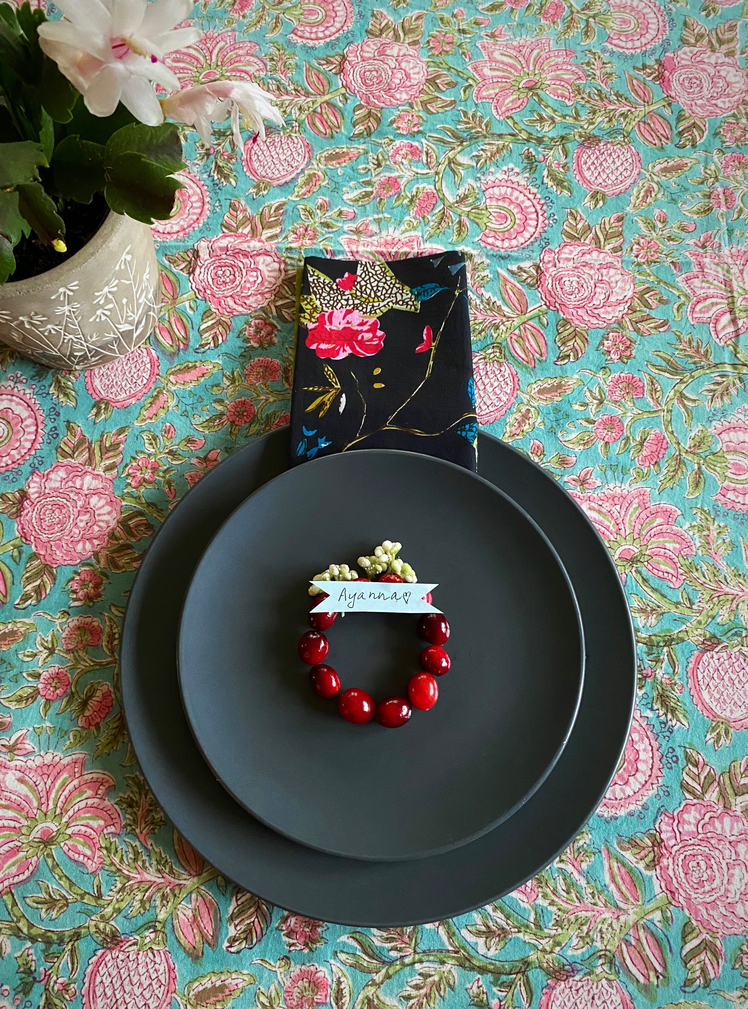 Pink & Mint Garden Block Print Tablecloth