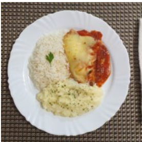 	Parmegiana de frango com arroz branco e purê de batata 400gr