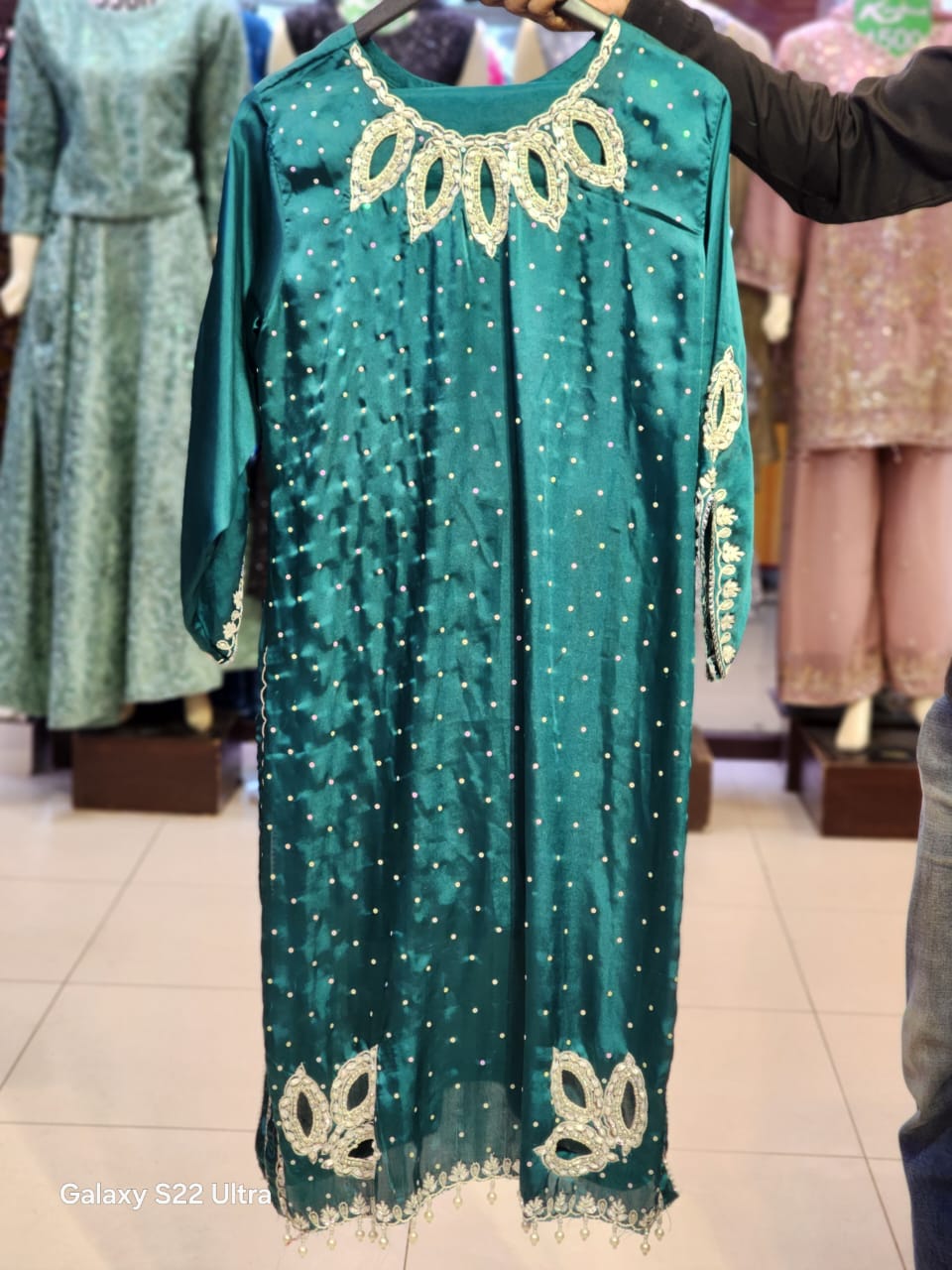 Cutwork Long Shirt Style Silk Dress For Women