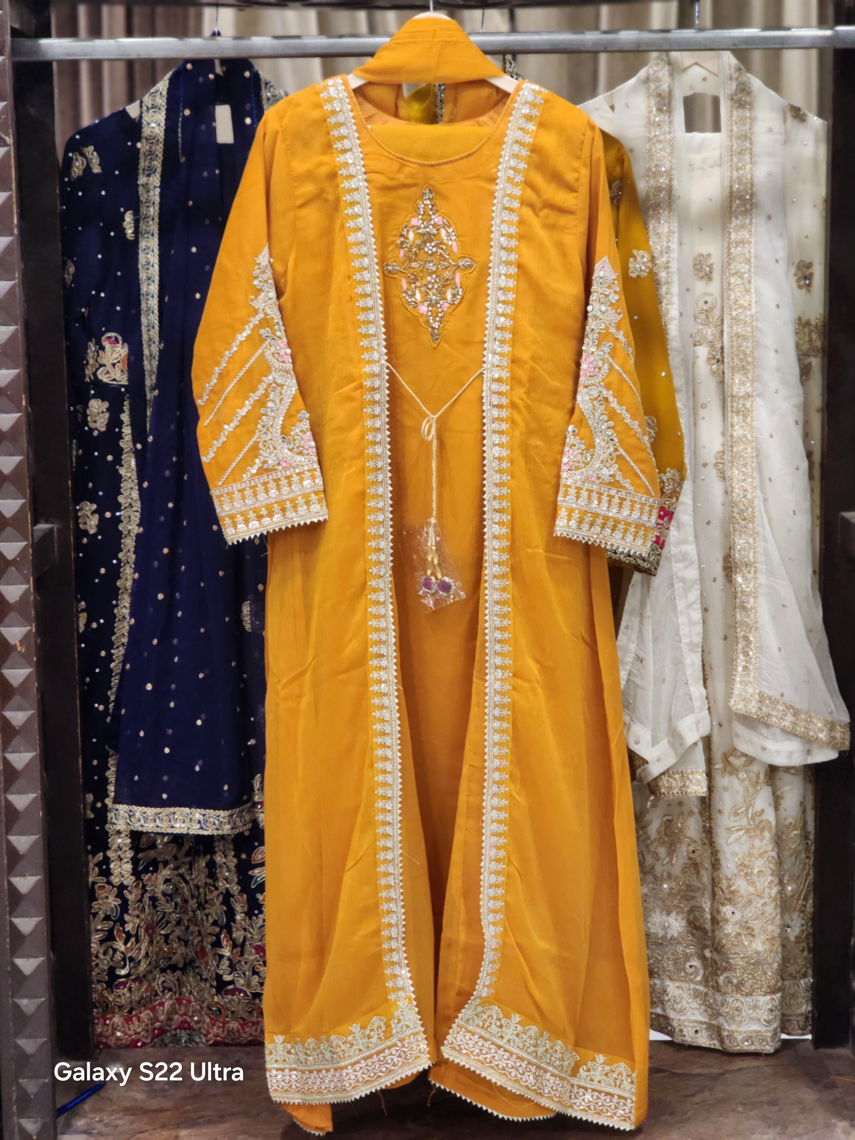 Front-Open Long Coat Gown – 3 Piece Shafoon Elegance