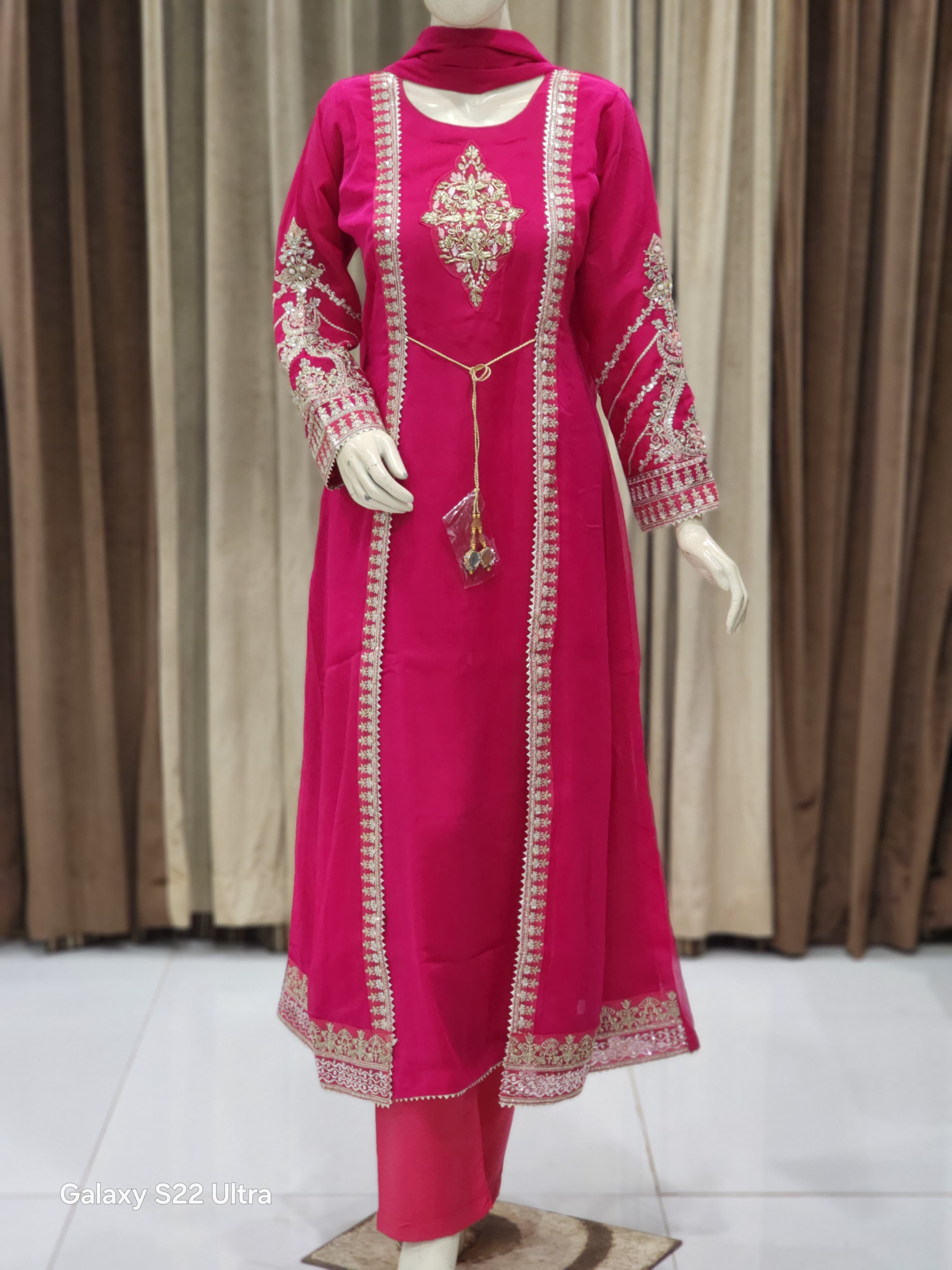 Front-Open Long Coat Gown – 3 Piece Shafoon Elegance