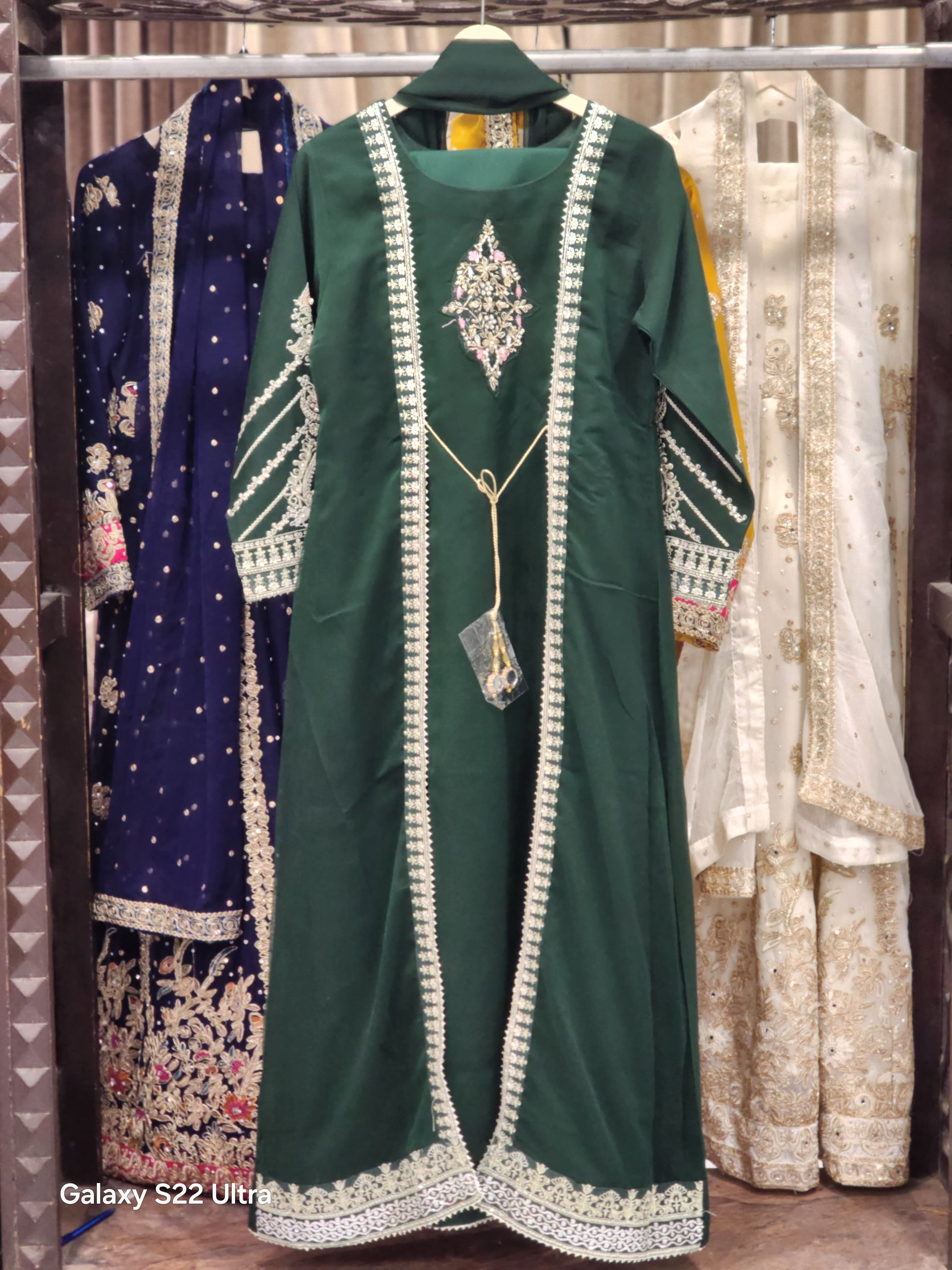 Front-Open Long Coat Gown – 3 Piece Shafoon Elegance