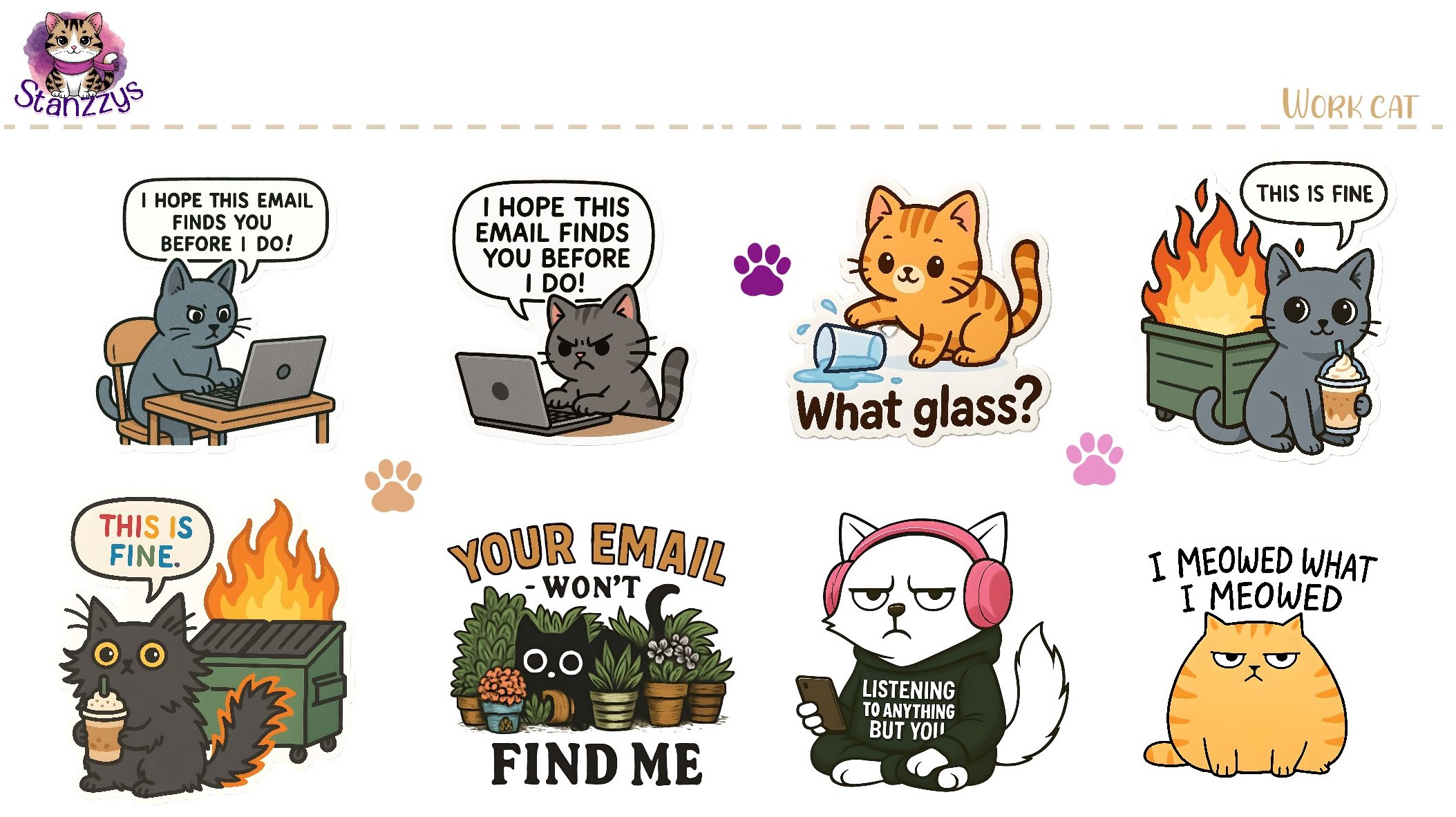 Funny Work Cat Sticker Set