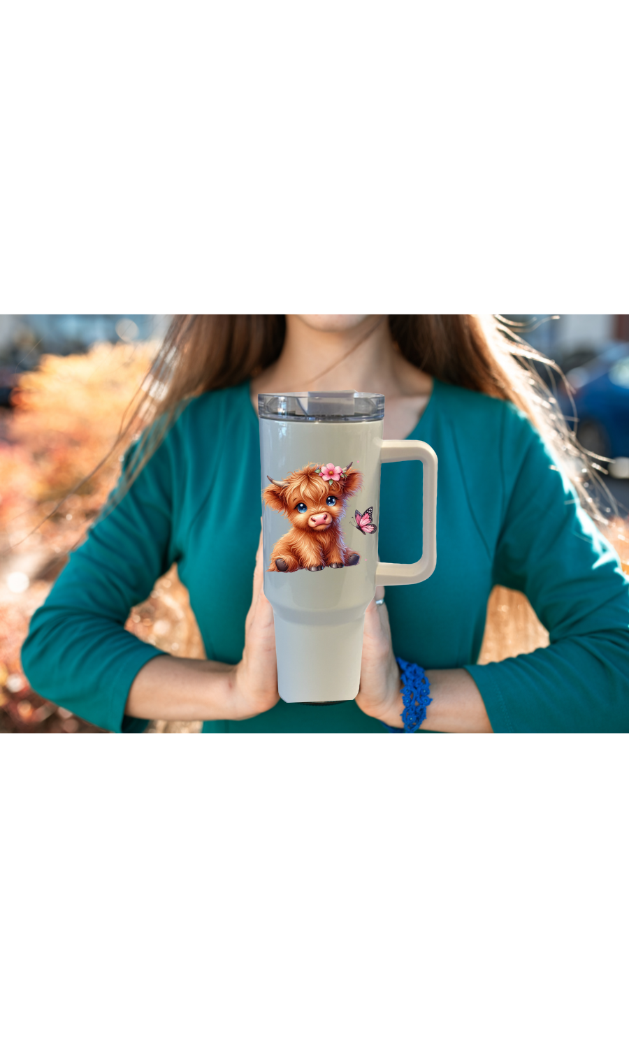 Insulated Travel Mug with Baby Highland Cow Design