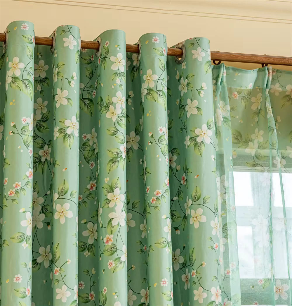 Floral Green Fully Blackout Curtains 