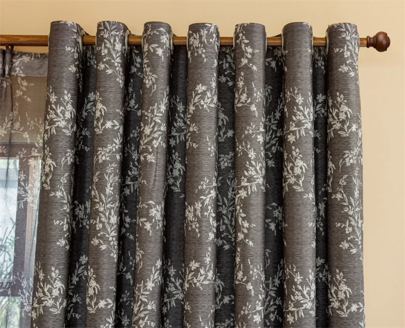 Elegant Dark Grey Floral Blackout Curtains