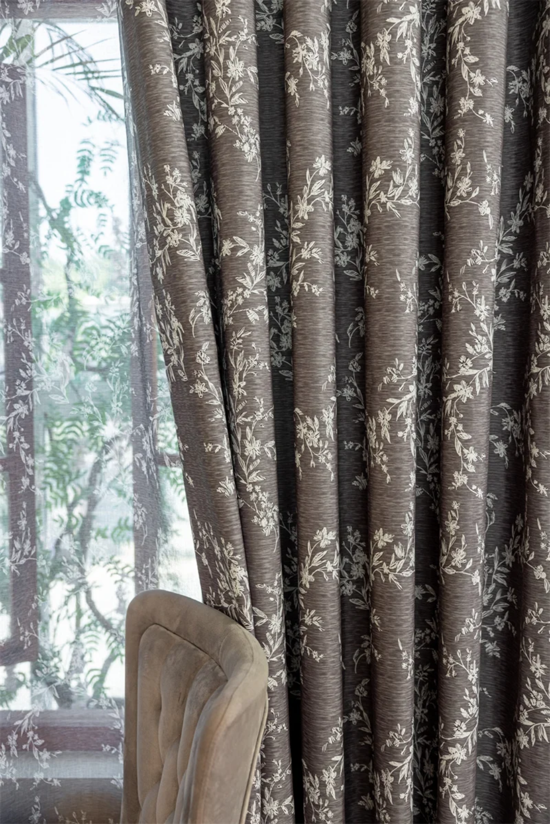 Elegant Dark Grey Floral Blackout Curtains