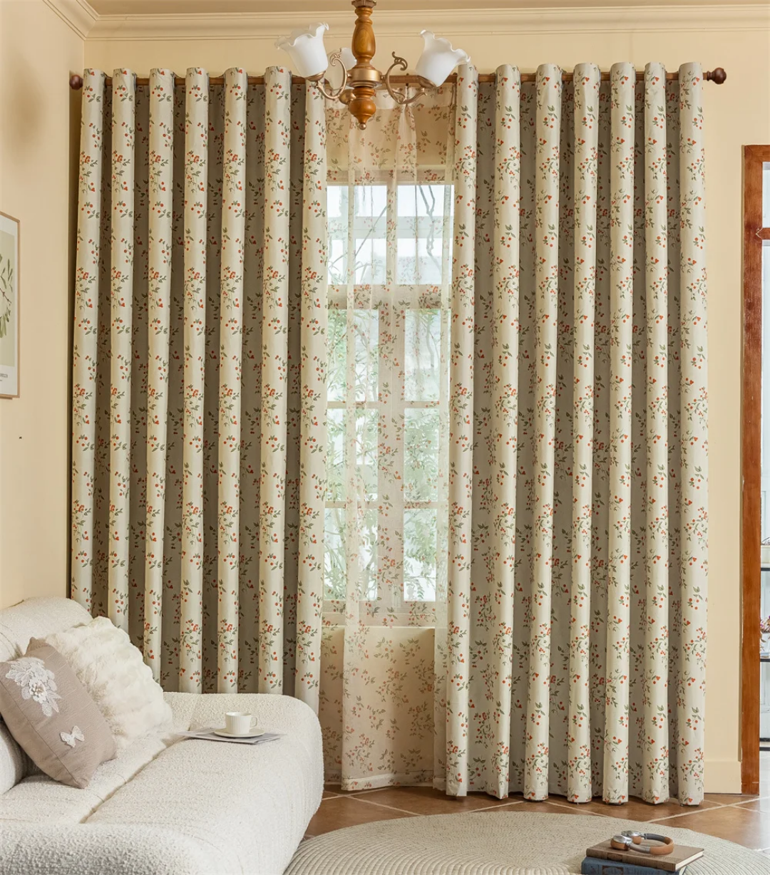 Floral Patterned Beige Blackout Curtains