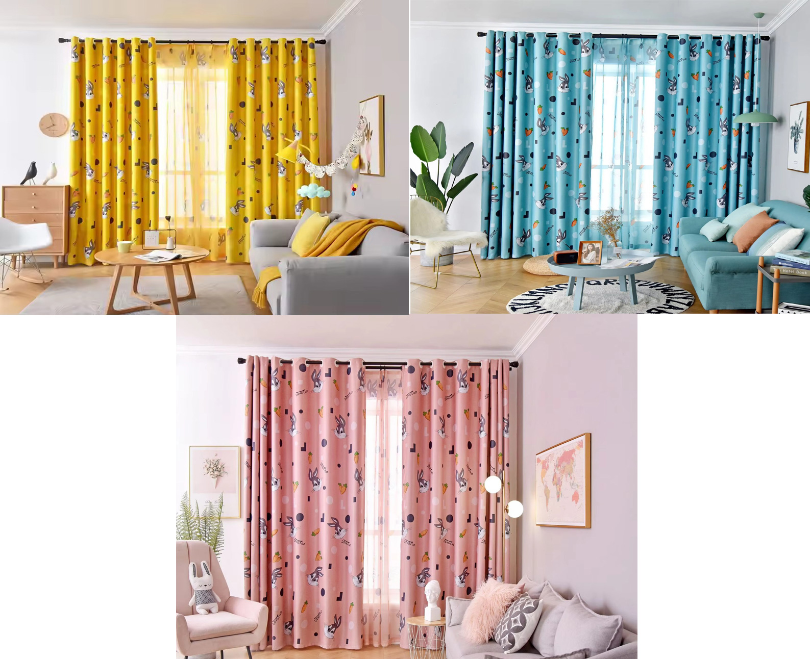 Printed Cartoon Rabbits Kids Curtains