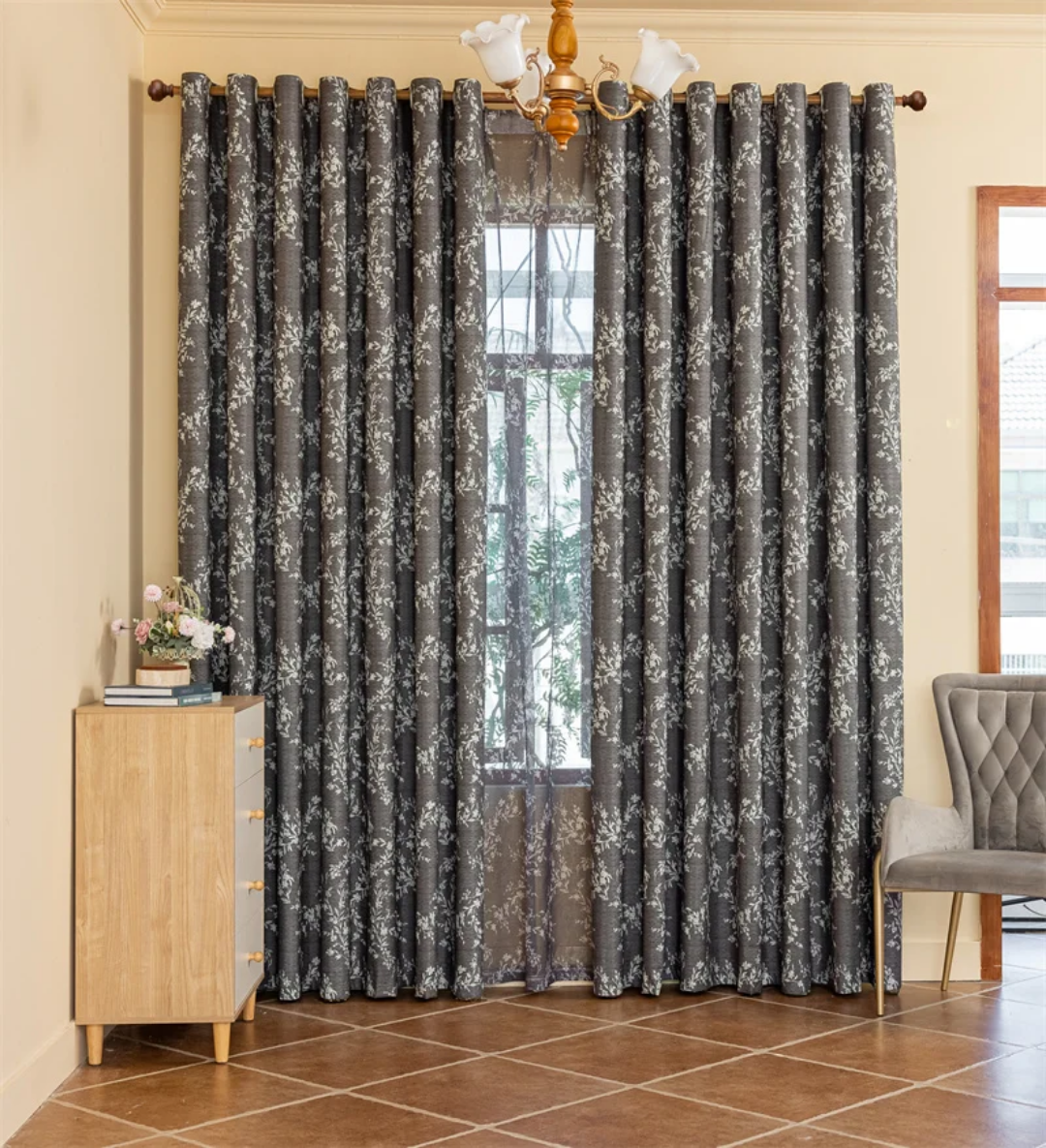 Elegant Dark Grey Floral Blackout Curtains
