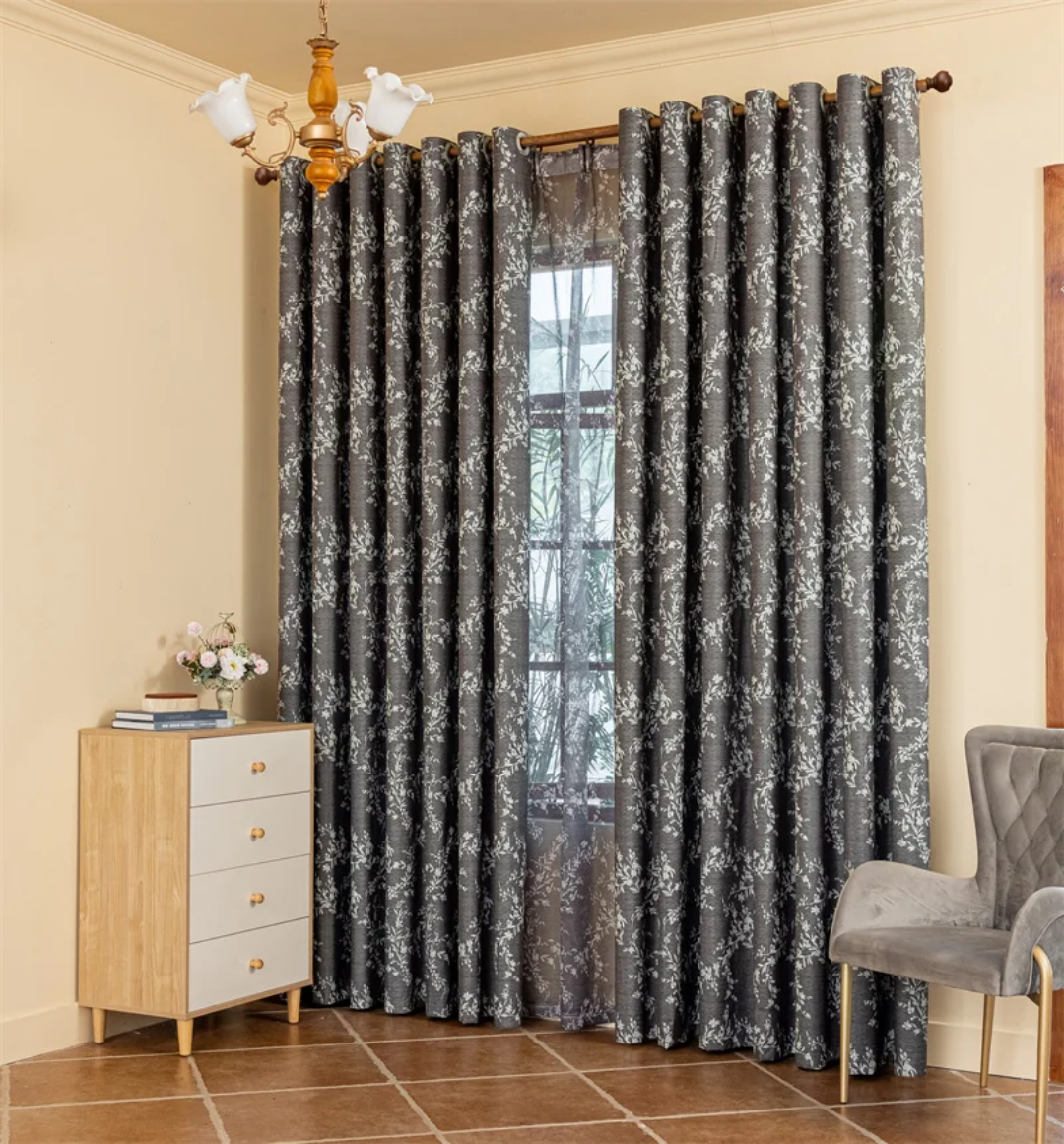Elegant Dark Grey Floral Blackout Curtains