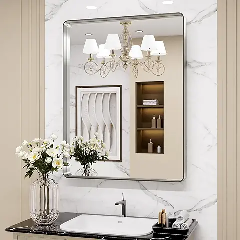 LOAAO 22X30 Inch Brushed Nickel Bathroom Mirror, Rounded Rectangle Silver Metal Frame Mirror,LOAAO 22X30 Inch Brushed Nickel Bathroom Mirror, Rounded Rectangle Silver Metal Frame Mirror,