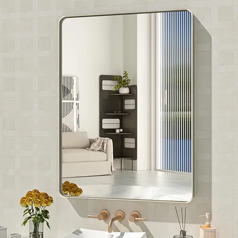 WEER 24X32 Inch Brushed Nickel Bathroom Mirror, Brushed Silver Metal Frame Mirror, 