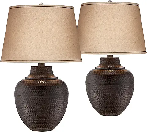 Barnes and Ivy Brighton Rustic Traditional Farmhouse Table Lamps 27.25" Tall Set of 2 Hammered Bronze