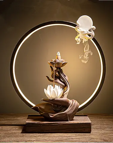 Ceramic Lotus Incense Burner Waterfall Chinese Backflow Incense Sticks Burner Holder with LED Light Incense
