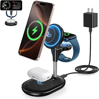 3 in 1 Wireless Charging Station for Apple MagSafe Charger, 15W Fast Qi-Certified Magnetic Mag-Safe Charger Stand for iPhone 16 15 14 13 12 Apple Watch 