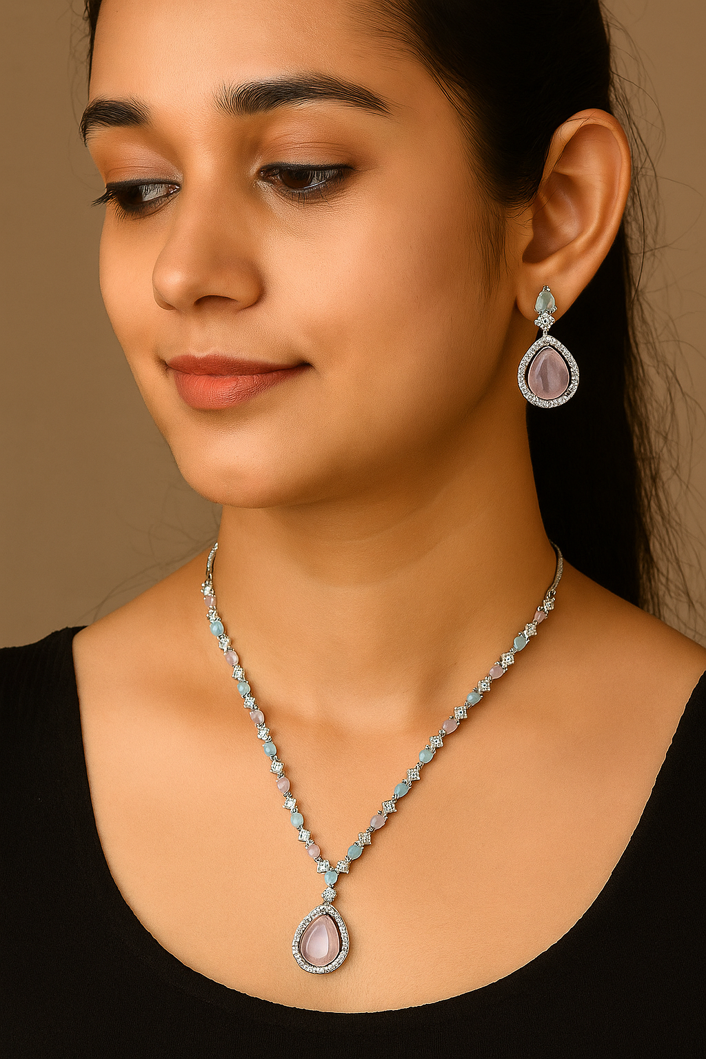 Elegant Pink and Green AD Jewelry Set