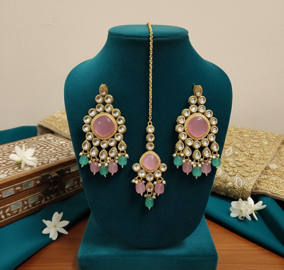 Reversed AD Earrings With maang Tikka